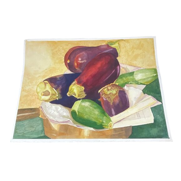 Vibrant Still Life Watercolor Painting Of Eggplants and Zucchini On Rustic Backg - Picture 3 of 9
